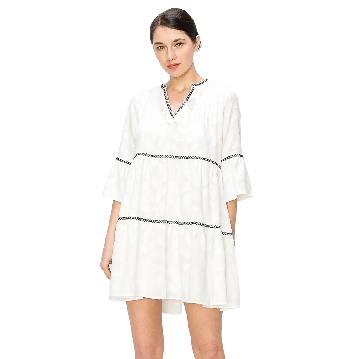 Embroidered Tassel V-Neeck Tierd Tunic Dress